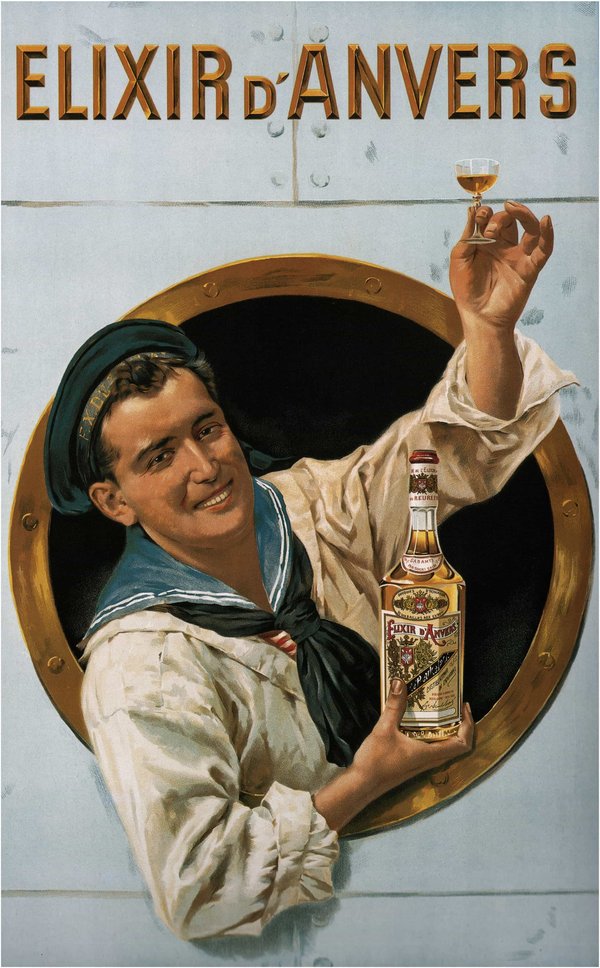 1906 advertising poster for Elixir d'Anvers by Belgian artist Gerard Portielje, showing a sailor raising a glass of the liqueur from a ship's porthole